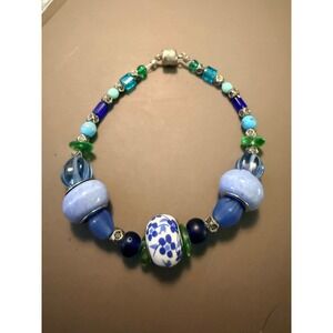 Handmade Blue Glass Ceramic Floral Bead Magnetic Bracelet Boho Eclectic